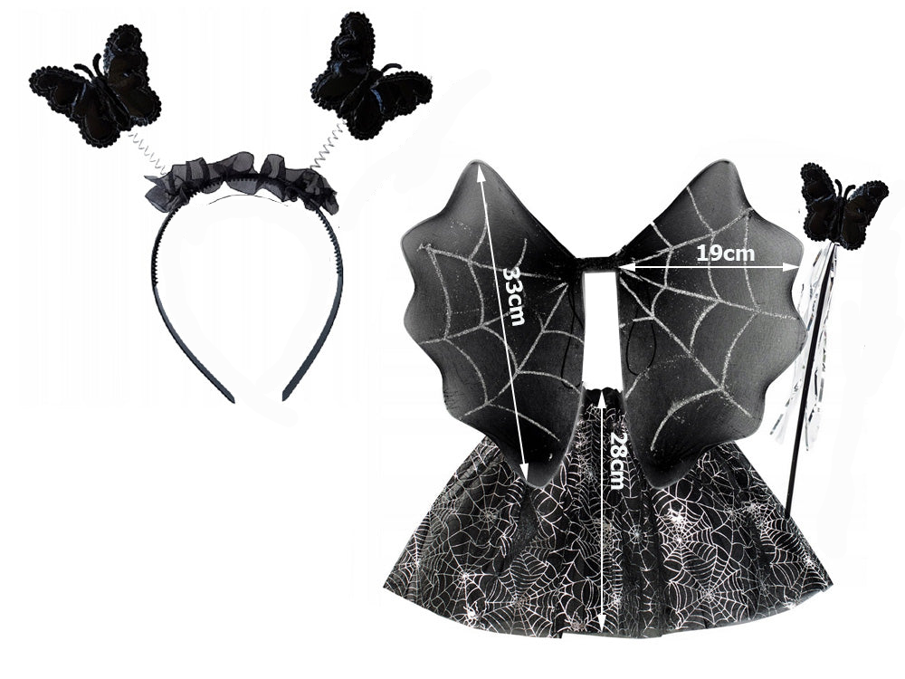 Set costumas halloween copii , Zola®, Fluturas, 4 piese, fustita, coronita,aripioare si bagheta, 3 ani, negru
