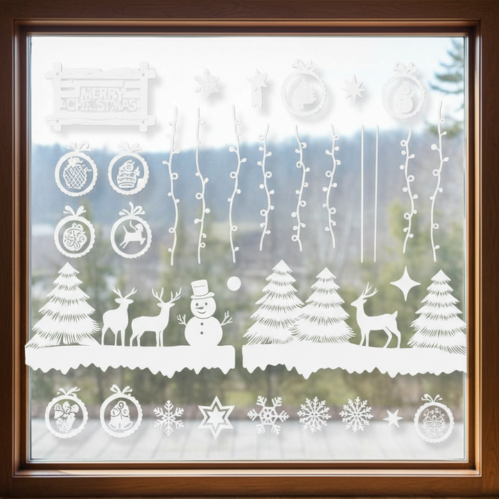 Set stickere autoadezive model Craciun, Zola, pentru ferestre, brazi, globuri, reni, om de zapada, curatare fara urme, albe