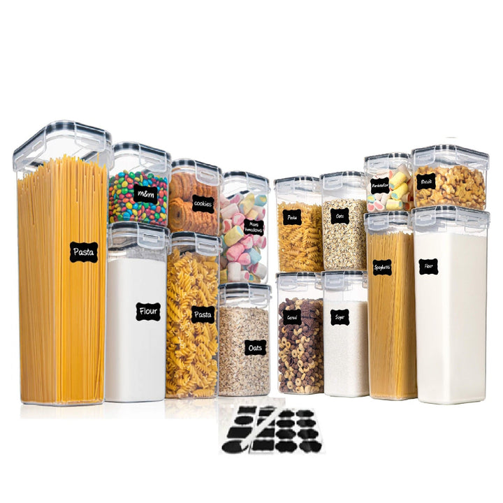 Set 15 recipiente pentru depozitarea alimentelor, Zola, inchidere etansa, 4x0.8l /6x1.4l /4x2l /1x2.8l, etichete si marker alb
