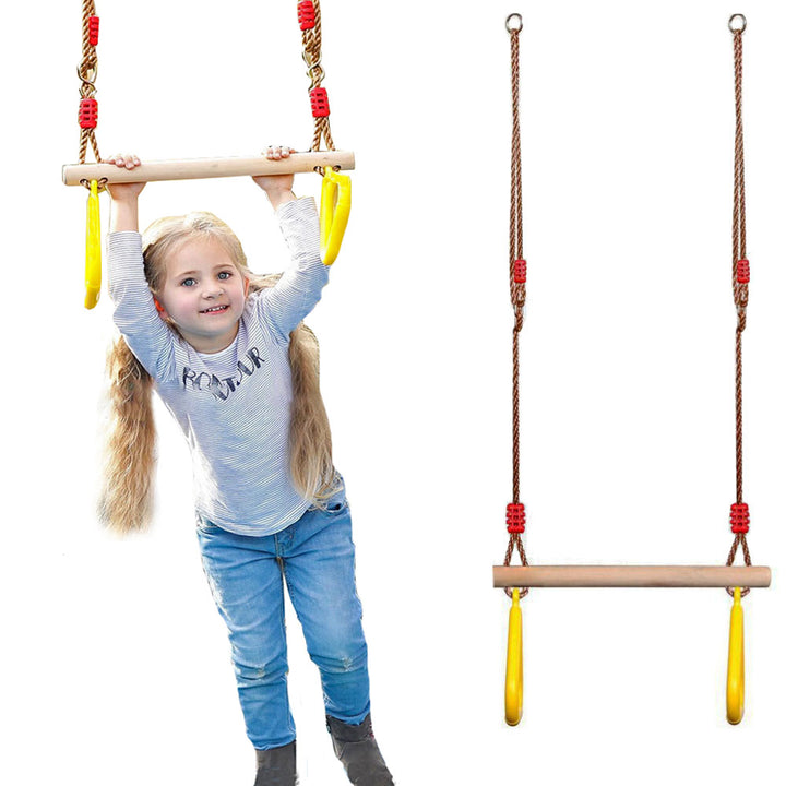 Leagan multifunctional pentru copii , Zola®, din lemn, cu inele pentru gimnastica, galbene, greutate maxima suportatat 100kg