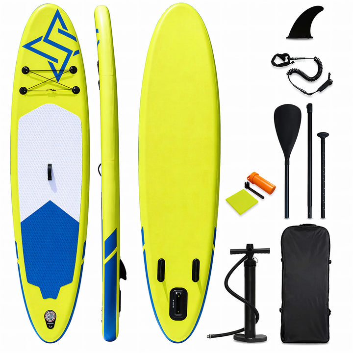 Set placa SUP gonflabila, Zola, 305 cm, vasla, aripioara detasabila, pompa, cordon siguranta, kit reparatie, rucsac transport, galben/albastru