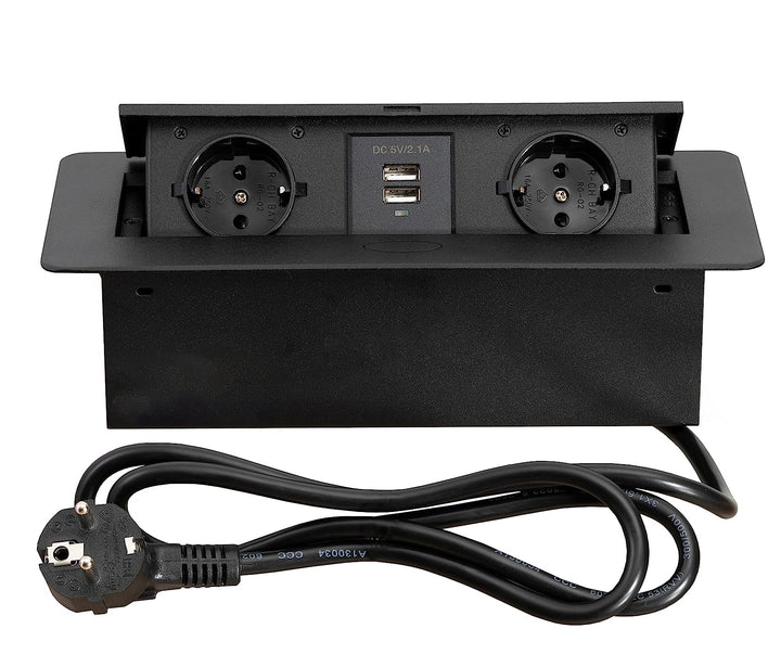 Priza incastrabila dreptunghiulara, Zola®, 2 prize, 230VAC/50Hz EU, 2x USB 2, negru, carcasa aluminiu, lungime cablu 1.9 m, 26.5 x 12 x 7 cm