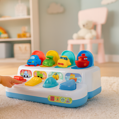 Jucarie inteactiva bebelusi, Zola, masinute pop-up, plastic, 25 x 13 x 12 cm, multicolora