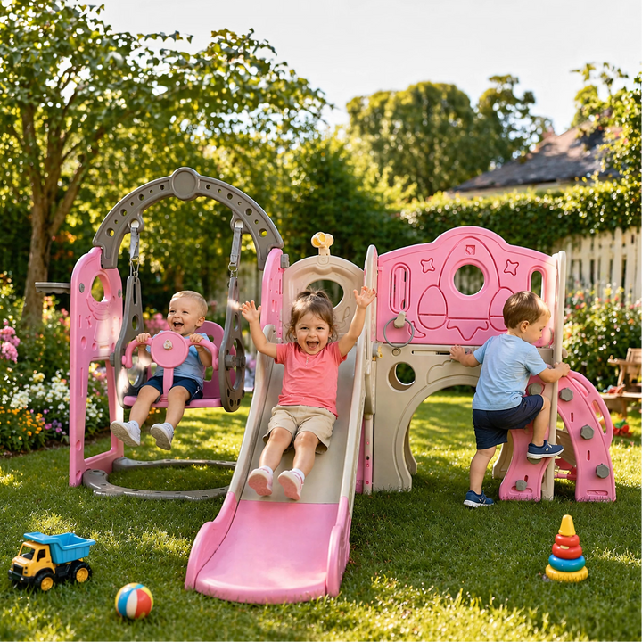 Loc de joaca pentru copii, Zola, 224 × 118 cm, tobogan, leagan, cos de baschet si telescop, pentru exterior/interior, din polietilena si plastic, roz/bej