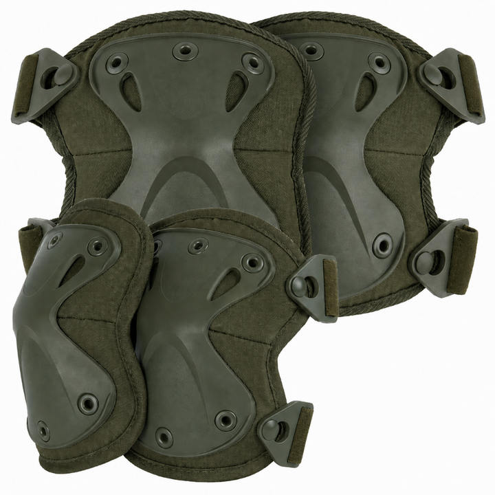 Set genunchiere si cotiere tactice, Zola, protectie airsoft si paintball, policarbonat, benzi elastice, fixare Altalock velcro, verde army