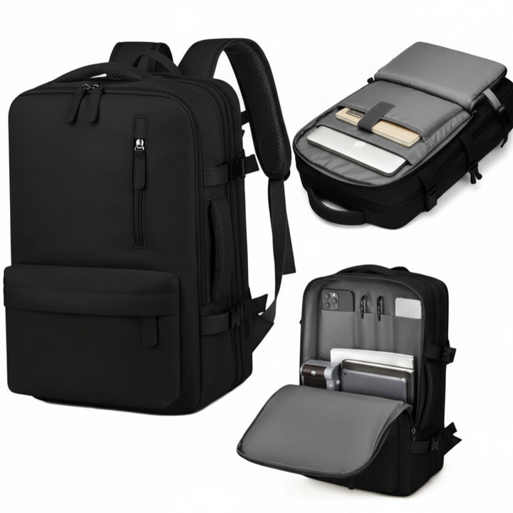 Rucsac calatorie avion, Zola, 40 x 30 x 20-30 cm, 3 compartimente, buzunare multiple, sistem agatare pe troler, impermeabil, poliester, negru