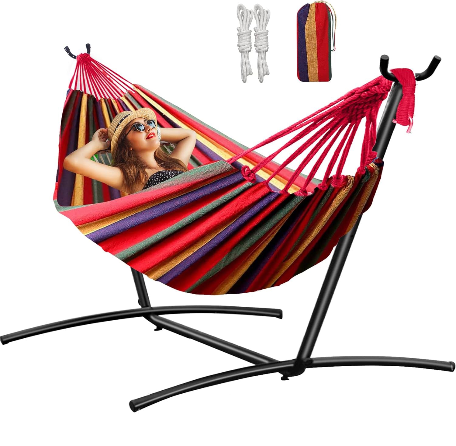 Hamac de gradina cu suport metalic, Zola, material textil, dimensiune hamac 185 x 80 cm, greutate suportata 150 kg, 265 x 100  x 95 cm, cadru din otel