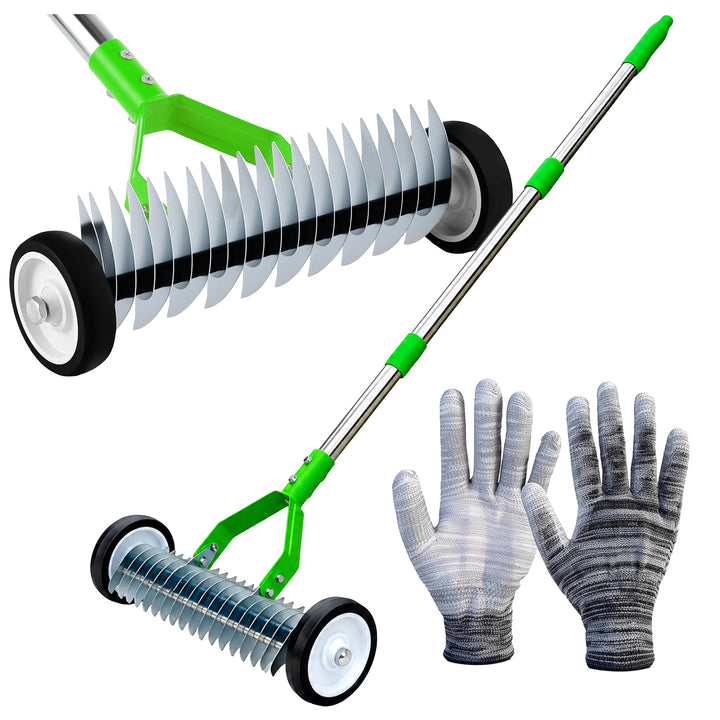 Aerator si scarificator gazon manual, Zola, 21 lame din otel galvanizat, latime lucru 32 cm, maner 130 cm, cu roti, manusi incluse