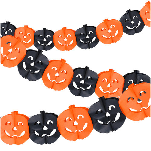 Ghirlanda decorativa cu dovleci, Zola, 3 m, pentru Halloween, 17.5 × 17.5 cm, hartie, portocaliu/negru
