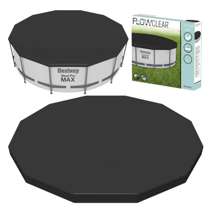 Prelata / acoperis piscina rotunda Bestway, 366 cm, izolatie termica, snur fixare, orificii drenaj, PVC rezistent, neagra