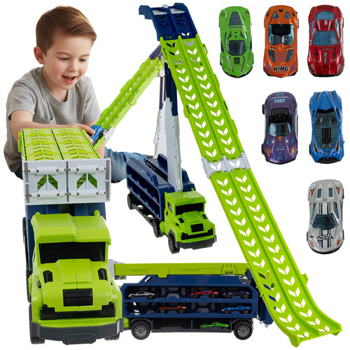 Set de joaca camion transportator cu pista de lansare,Zola, 6 masinute metalice,  stickere colorate, dimensiune pista 90.5 x 57 x 10 cm