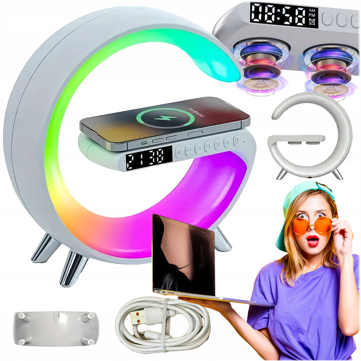 Lampa de veghe LED RGB, Zola, incarcator telefon wireless, ceas si alarma, bluetooth, compatibila IOS si Android,functie sincronizare pe muzica, 22.9 x 23.2 x 8.4 cm, alba