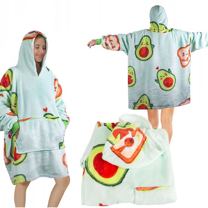 Hanorac patura 2 in 1 cu gluga si buzunar, Zola, avocado si toast, marime universala, pufos, 80x80 cm