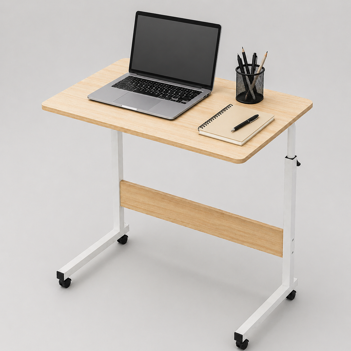 Birou mobil pentru laptop, Zola, inaltime reglabila, roti pivotante, mecanism blocare, cadru metalic, MDF,  80 x 40 x 66.5-87 cm, alb/bej