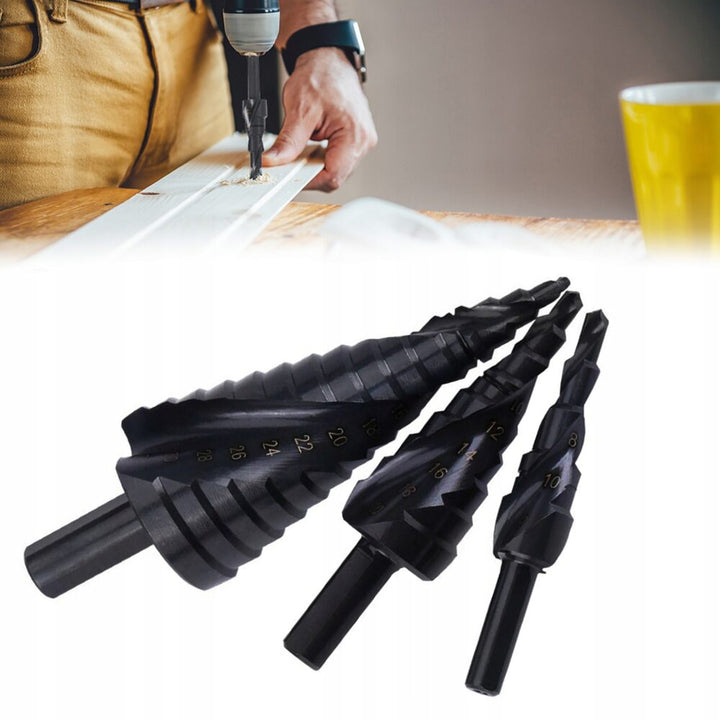 Set 3 burghie in trepte, Zola, maner cilindric, pentru lemn/PAL/aluminiu/tabla otel/PVC/plastic/placa izolatoare, 4-12 mm/4-20 mm/4-32 mm, negre