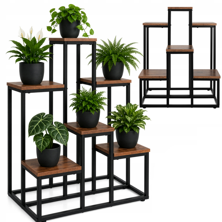 Suport de podea pentru flori, Zola, 6 polite, cadru metalic, MDF, 67 x 34.5 x 51 cm, stil loft, negru/maro