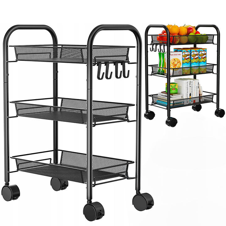 Raft mobil pentru bucatarie, Zola, organizator, metalic, 3 rafturi, 2 roti cu blocare,  65 x 25 x 44 x cm, negru