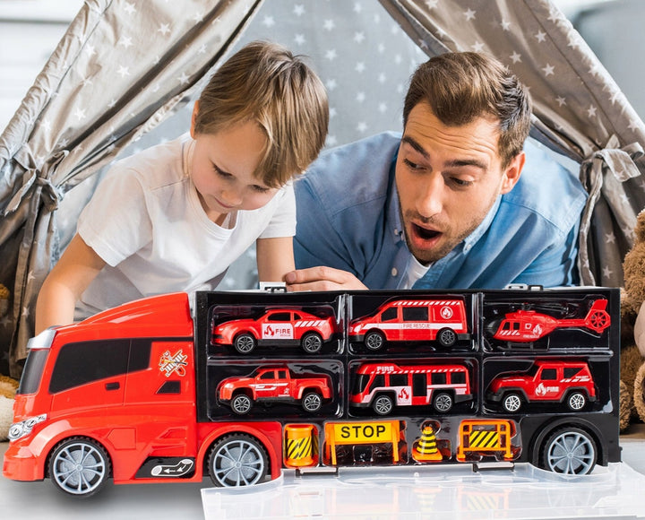 Camion de jucarie cu 6 vehicule de pompieri, Zola®, cabina camionului este tobogan pentru masini, depozitare usoara, plastic, 40x12.5x8.5 cm, rosu