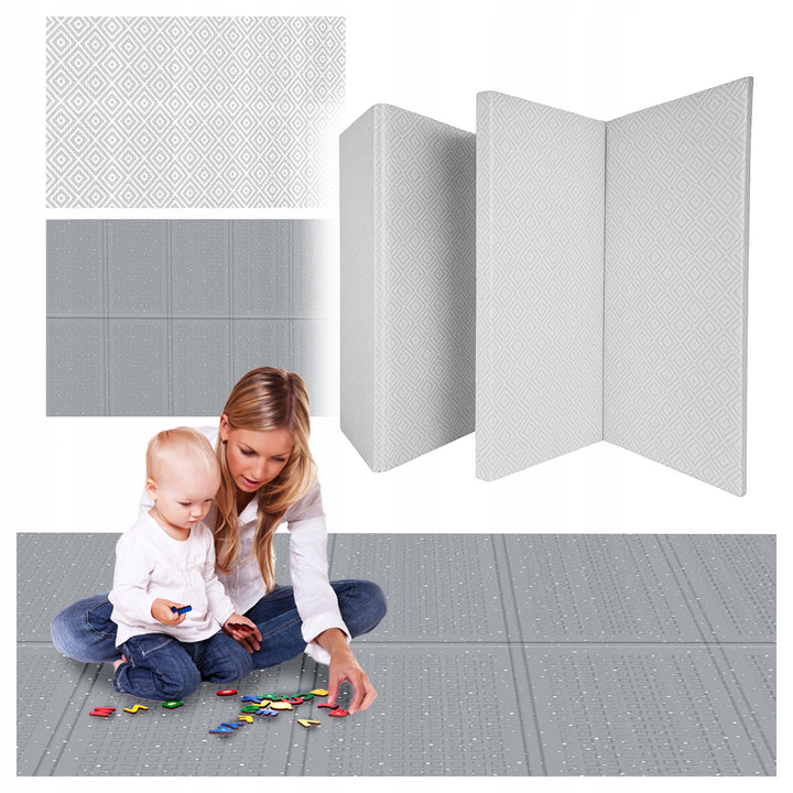 Covoras termoizolant de joaca cu 2 fete, Zola, din spuma XPE, grosime 10 mm, 180 x 120 cm, pliabil, impermeabil, model romburi, gri/alb