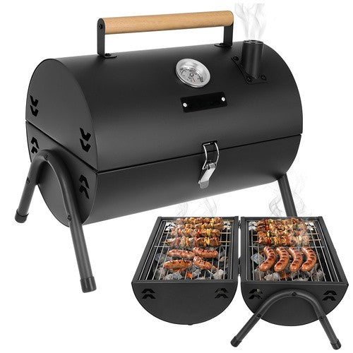 Gratar de camping cu carbune, Zola, portabil, circular, capac si termometru, orificii ventilatie, 41.5 x 36.5 x 28 cm, negru