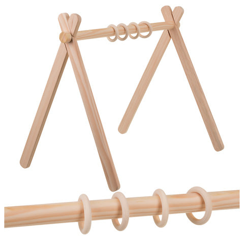 Arcada bebe din lemn, Zola, centru activitati motrice, 4 inele suspendate, 64 x 43 x 52 cm, bej, tip Montessori