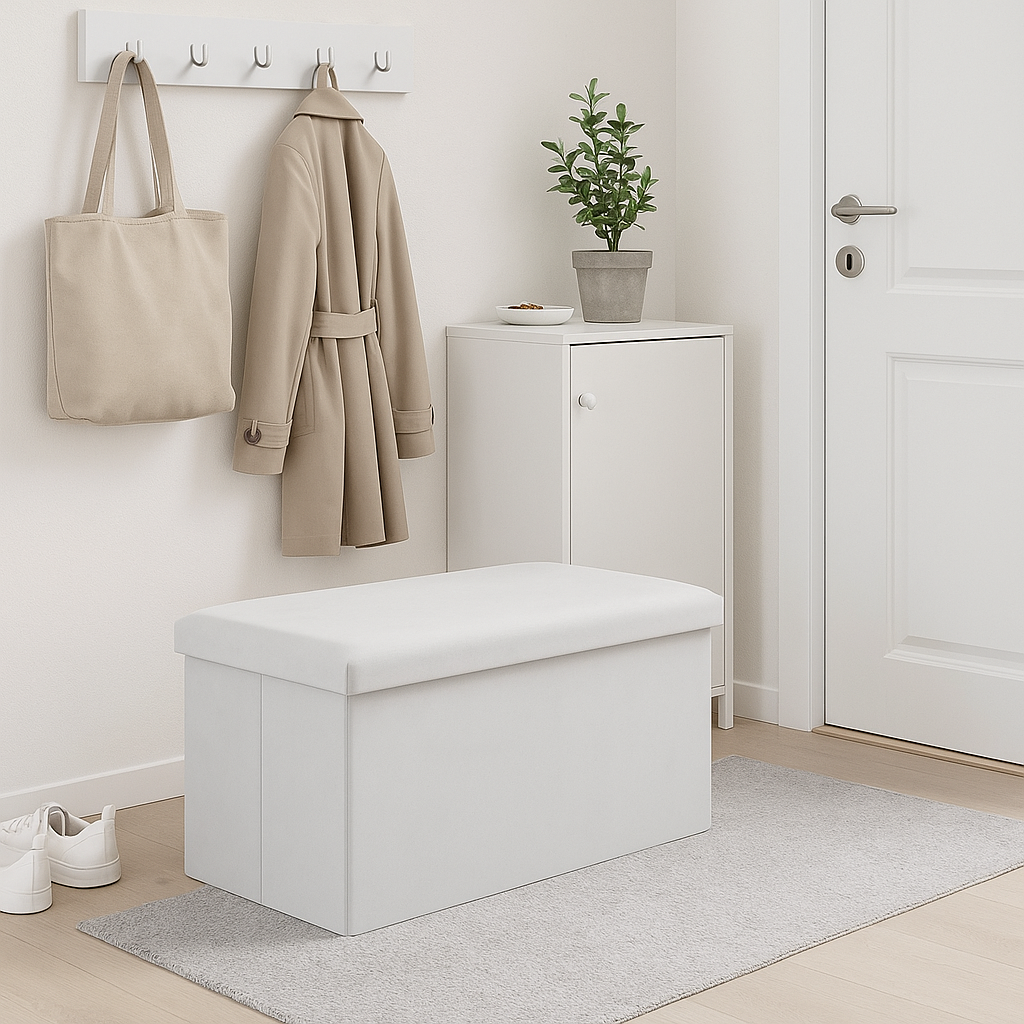 Taburet pliabil cu spatiu de depozitare, Zola, capacitate 54 l, 60 x 30 x 30 cm, greutate maxima suportata 80 kg, impermeabil, MDF, catifea, gri deschis