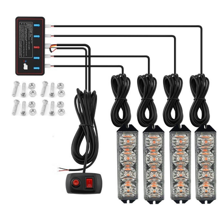 Set 4 lampi stroboscop auto LED, Zola, 12V, 30W, portocaliu, 10 moduri, telecomanda, cablu 190 cm, 10 x 2.1 x 2.8 cm