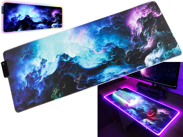 Mouse pad, Zola®, iluminare RGB, anti-alunecare, cauciucat pentru gaming, model valuri, 80x30 cm