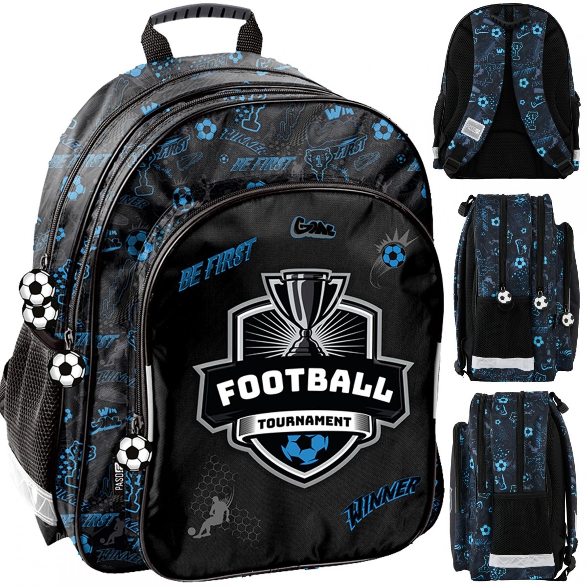Ghiozdan scolar, Zola, fotbal, 2 compartimente, impermeabil, 38 x 29 x 16 cm, negru/albastru