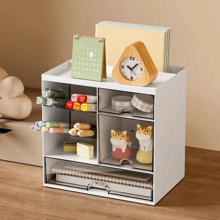 Organizator de birou, Zola, 3 sertare, 5 compartimente, din plastic, 20.5 x 14.5 x 20 cm, alb/transparent