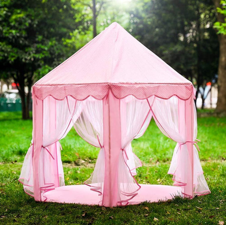 Cort de joaca pentru copii, Zola, stil cort, cu perdele, roz, inaltime totala 140 cm