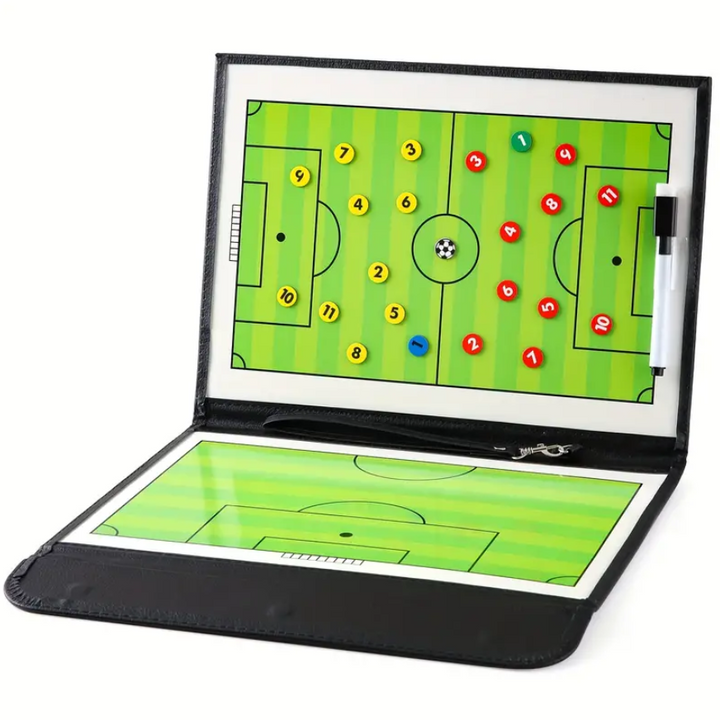 Tabla tactica magnetica pentru antrenorul de fotbal, Zola®, include markere si 24 de magneti, piele ecologica si plastic, 24x32 cm, negru