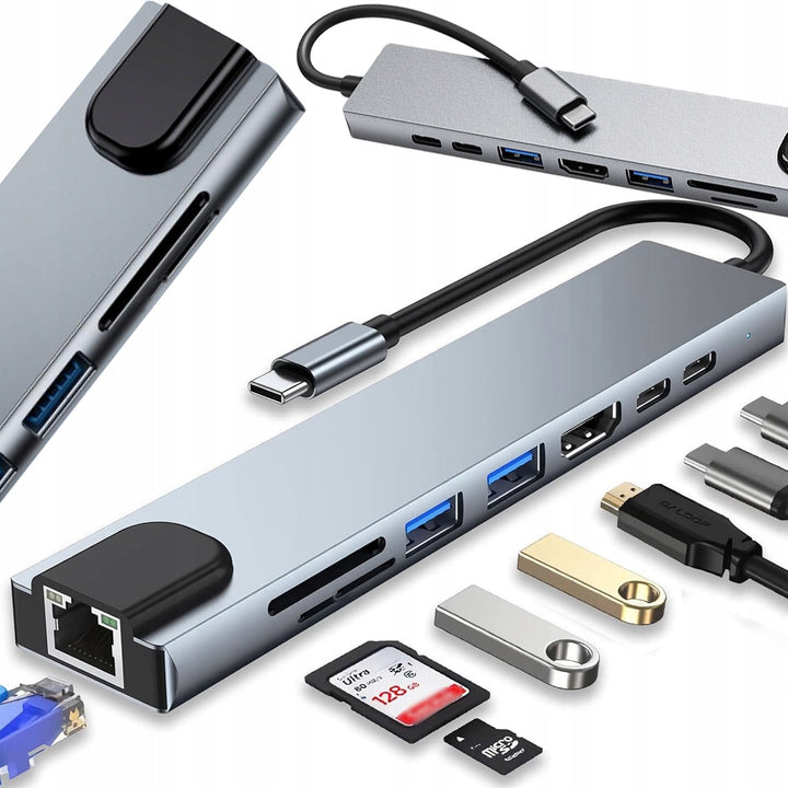 Hub USB 3.0, Zola, cu 8 porturi, port incarcare Type-C, din plastic si otel inoxdabil, gri