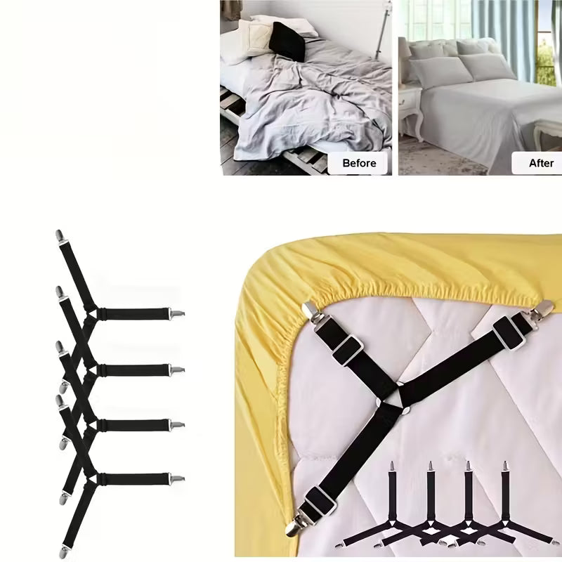 Set 4 accesorii de fixare a cearsafului, Zola, lungime reglabila, cleme fixare, universale, negre