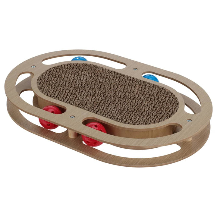 Jucarie interactiva pentru pisici, Zola, prinde mingea, cu loc pentru zgariat, 41x27x5 cm, MDF si carton, maro