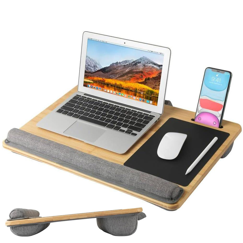 Masa din lemn pentru laptop, Zola, 2 compartimente pentru tableta si telefon mobil, suport suport pentru incheietura si  dublu pentru picioare,  maner pentru transport, 58x 38 cm