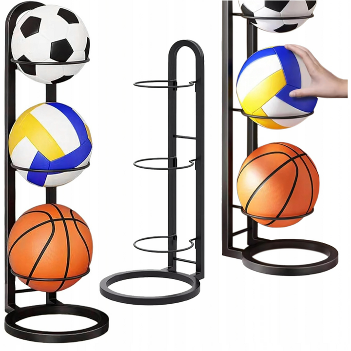 Suport cu 3 spatii pentru mingi fotbal/baschet/volei, Zola, structura metalica, universal, 23.5 x 73 cm, negru