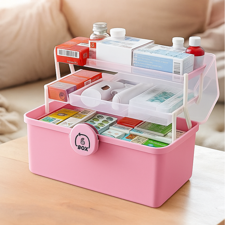 Cutie de medicamente organizatoare, Zola, 2 rafturi mobile, 20 x 13 x 9.5 cm, 6 compartimente, sistem de inchidere, maner de transport,  roz