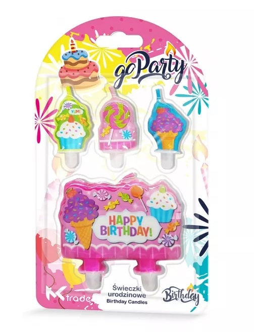 Set 4 lumanari diferite, pentru aniversari, Zola®, 3xmodele de prajituri, 1x Happy Birthday, 22x13x2 cm