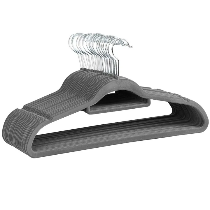 Set de 10 umerase din catifea, Zola, antiderapante, carlig pivotant, pantaloni, camasi, rochii si suport pentru cravate/ esarfe/ curele, gri, 45 x 23 x 0.5 cm