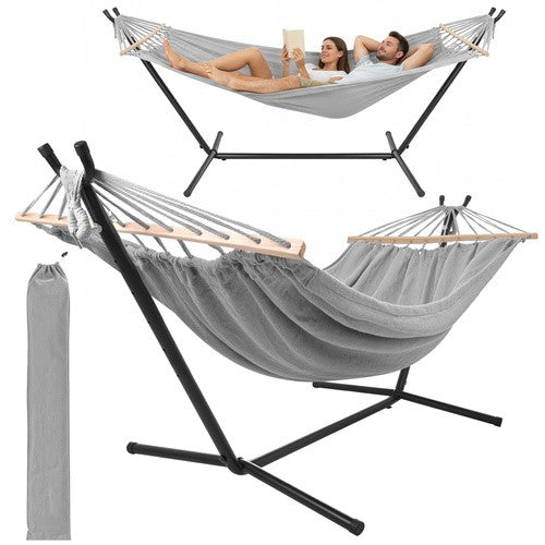 Hamac de gradina dublu XXL, Zola, 250 kg, cu suport metalic, bumbac/poliester, husa depozitare, 200 x 150 cm, gri