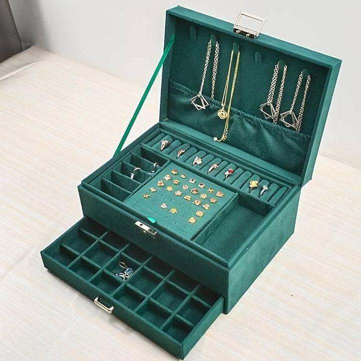 Cutie de bijuterii, Zola®, cu cheita pentru inchidere, compartimente speciale pentru inele, cercei, bratari, coliere si alte bijuterii, material moale, 11.5 x 24.5 x 17.5 cm, Verde