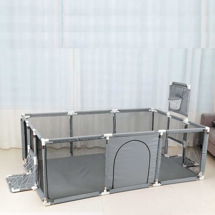 Tarc/loc de joaca pentru copii, Zola, cos de baschet, 2 porti de fotbal, material tesatura oxford si plasa, cadru metalic solid, 230 x 122 x 62 cm, gri