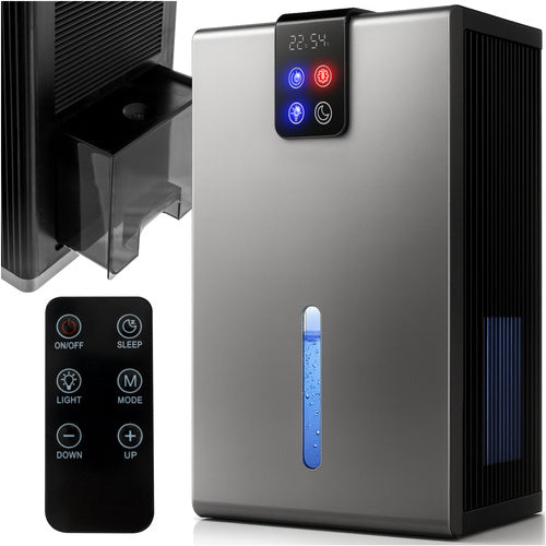 Dezumidificator aer cu LED RGB si telecomanda, Zola, 90 W, tehnologie Peltier, rezervor 2200 ml, afisaj temperatura/umiditate, higrostat, 3 moduri functionare, 21 x 15 x 36 cm, gri