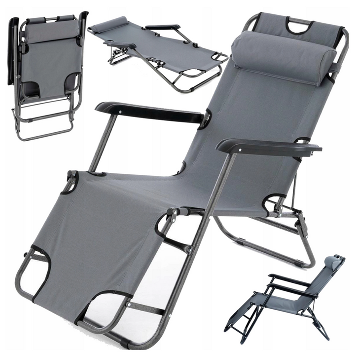 Sezlong de gradina cu manere pliabil si rabatabil, Zola, spatar reglabil in 3 pozitii, functie pat, cu pernuta pentru gat, greutate suportata 130 kg, cadru metalic, poliester, 153 x 47 x 39 cm, gri