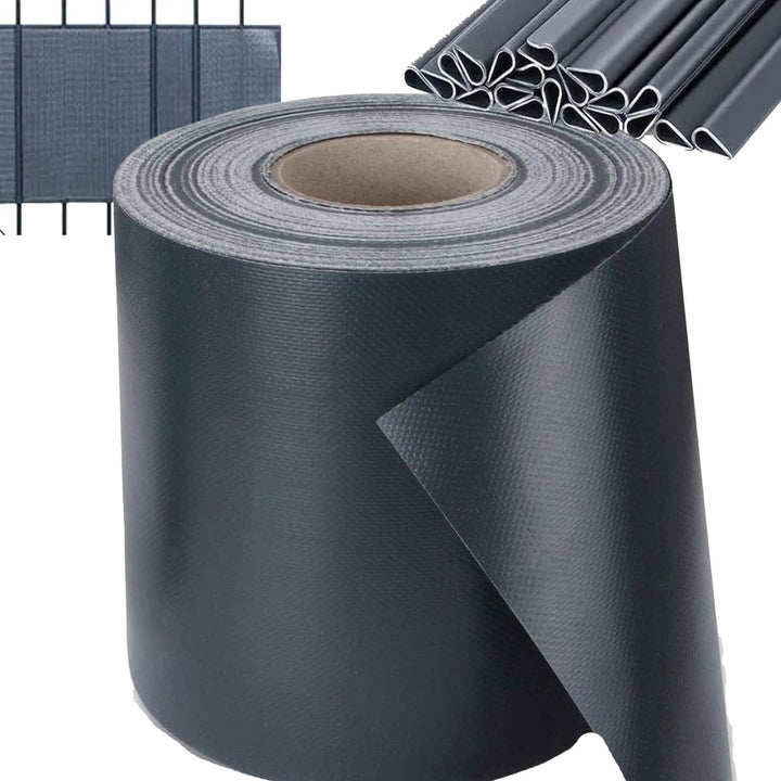 Set banda decorativa pentru ingradire garduri, Zola, 20 de clipsuri incluse PVC rezistent, 450g/m2, 19 x 3500 cm, gri antracit