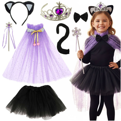 Costum de pisicuta 7 piese, Zola, 3-10 ani, fusta 20 cm, coronita, urechiuse, bagheta, pelerina si coada, negru/violet