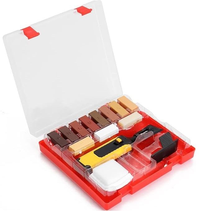 Kit de reparatie pentru pardoseli si mobilier, Zola, instrument reparare, 11 blocuri ceara diferite culori, 2 raclete, burete, material textil, cutie depozitare