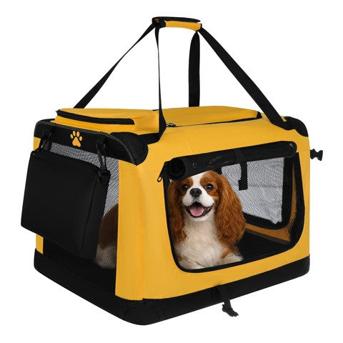 Geanta transport caini si pisici, Zola, pliabila, tip tarc, 3 intrari, greutate suportata 25 kg, cadru metaliz, plasa, 60 x 42 x 44 cm, galben / negru