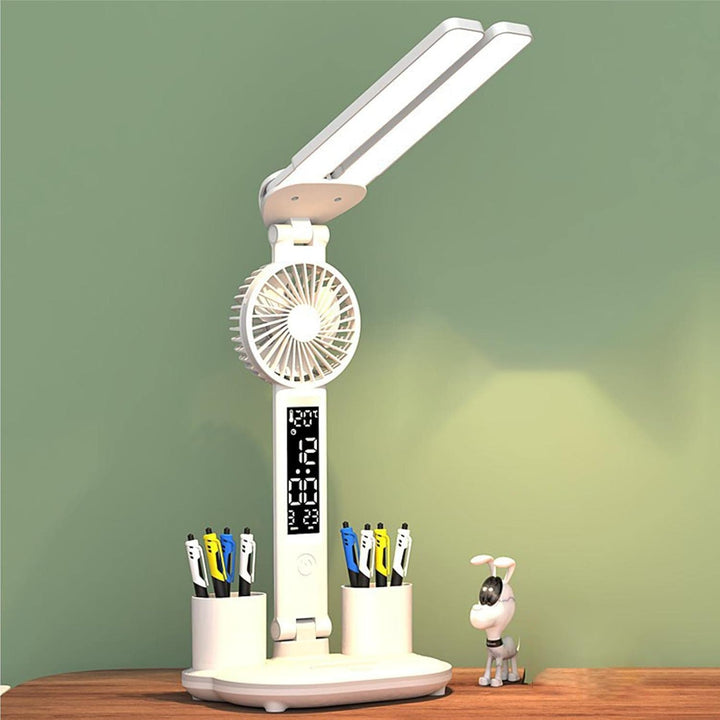 Lampa de birou cu doua capete LED multifunctionala, Zola, lumina reglabila, afisare ceas, data si temperatura, spatiu depozitare, unghi 180 grade, 45x32 cm, alb